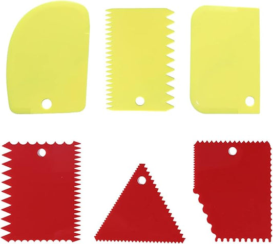 Cake Scraper Cake Decorating Comb,Cake Scraper Smoother,Flexible Plastic Dough Scraper For Bread Making,Reusable Pastry Pizza Dough Cutter Tool For Baking Cake Edge Stripe Decorating(6Pcs,Red,Yellow)