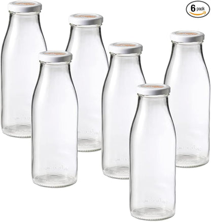 Le Parfait Bottles French Glass Milk Bottle with 48mm Printed Logo Airtight Metal Twist Cap | Used for Smoothie, Water Bottle, Preserved Tomato Sauce & other Soups | 16oz (Pack of 6) 500ml