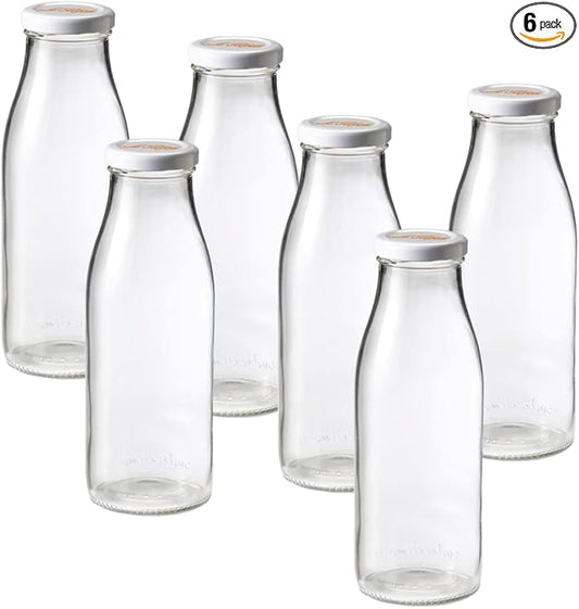 Le Parfait Bottles French Glass Milk Bottle with 48mm Printed Logo Airtight Metal Twist Cap | Used for Smoothie, Water Bottle, Preserved Tomato Sauce & other Soups | 16oz (Pack of 6) 500ml