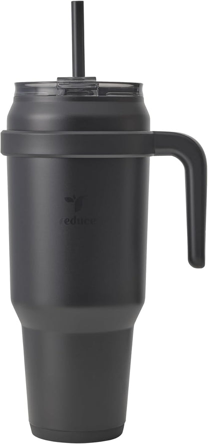 REDUCE 50 oz Stainless Steel Tumbler with Handle - Dual-Wall Vacuum Insulated Travel Mug, Sweat-Proof Lid & Reusable Straw - Keeps Drinks Cold for 24 Hrs, Fits Cupholders, Dishwasher Safe - Black