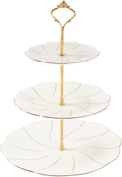 DUJUST Luxury Larger 3-Tier Cupcake Stand Tower, British Style Porcelain Serving Tray with Golden Trim, Food Grade Dessert Display Stand for Tea Party & Home Décor - 45% Larger Plates