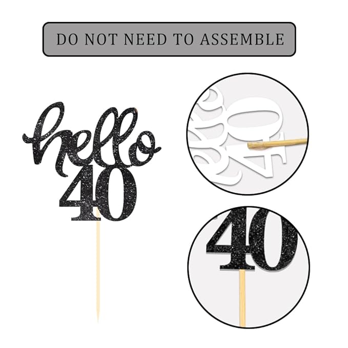 Black Glitter 40th Birthday Cupcake Toppers 40th Birthday Celebrating Party Decorations - Set of 24