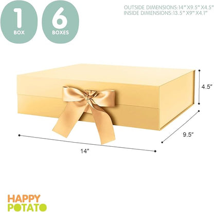 HAPPY POTATO Large Christmas Gold Gift Box with Lid and Ribbon 13.5x9x4.1 Inches, Bridesmaid Proposal Boxes, Magnetic Easter Gift Box for presents (Glossy Gold)