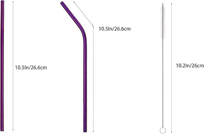 10 Pcs Stainless Steel Straws, Reusable Drinking Straws, 5 Straight + 5 Bent Metal Straws Set With 2 Pcs Cleaning Brushes (Purple, 10.5 Inch)