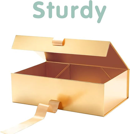 HAPPY POTATO 5 Large Gift Boxes with Ribbon 13.5x9x4.1 Inches, Gold Boxes with Lids, Bridesmaid Proposal Boxes, Magnetic Gift Boxes for presents (Glossy Gold, Pack of 5)