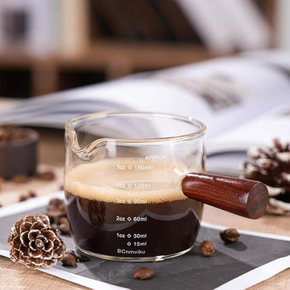 BCnmviku Espresso Shot Glass 150ML/5OZ Triple Pitcher Barista Single Spouts With Wood Handle (2)