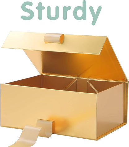 HAPPY POTATO 5 Christmas Gift Boxes with Ribbon 9x6.5x3.8 Inches, Gold Gift Boxes with Lids, Collapsible Boxes, Magnetic Closure Boxes for all occasion (Glossy Gold, Pack of 5)