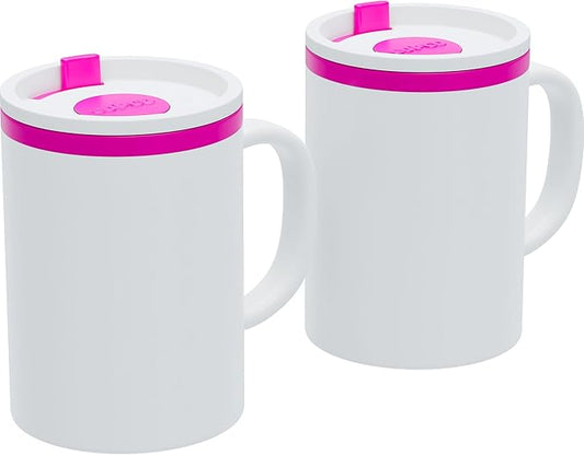 Copco Iconic 16oz Double Wall Insulated Desk Mug with Lid and Handle, Set of 2, BPA-Free Reusable Plastic, Spill-Proof, Microwave & Dishwasher Safe, Wide Mouth, Cup Holder Friendly (Pink)