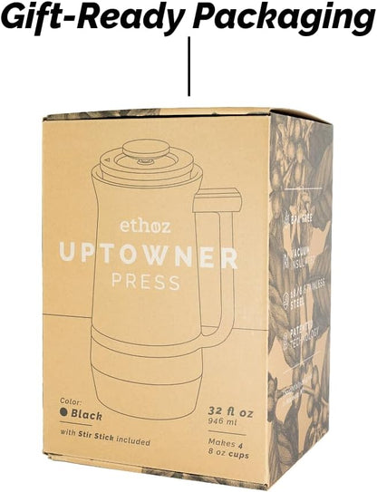 Uptowner French Press | 32 fl oz Stainless Steel | US Patented Bru-Stop & Removable Bottom | Double-Wall Insulated for Smooth, Balanced Coffee – No Grit, No Bitterness