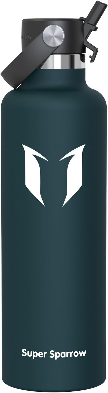 Super Sparrow Insulated Water Bottle - 17 Oz / 25 Oz / 32 Oz - Standard Mouth FlipFlow Flask - BPA Free, Leak Proof Drink Bottle- Ergonomic Straw Water Bottles for Work, Gym, Travel, Sports