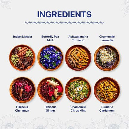 BLUE TEA - Founder’s Favourite Assorted Gift Set | 8 Varieties, 40 Count - Pyramid Plant Based Tea Bag | Caffeine Free - Herbal Tea Sampler | Tea Variety Pack | Gifts for Him and Her