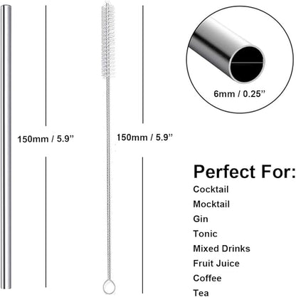 Stainless Steel Straws Short Small 5.9" Reusable Metal Bar Drinking Straw Set With Cleaner Brush for Cocktails Rock Gin Glass Coffee Mason Jar Tumblers Kids Fruit Juice Box, Silver 16PCS