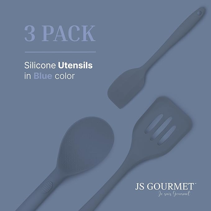 Silicone Utensils 3-Piece Set – Rubber Spatula, Slotted Turner, and Rice Paddle – Complete Heat-Resistant Set for Non-Stick Cookware – Kitchen Tools and Accessories for Cooking & Baking – Blue