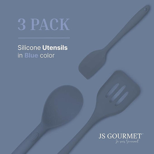 Silicone Utensils 3-Piece Set – Rubber Spatula, Slotted Turner, and Rice Paddle – Complete Heat-Resistant Set for Non-Stick Cookware – Kitchen Tools and Accessories for Cooking & Baking – Blue