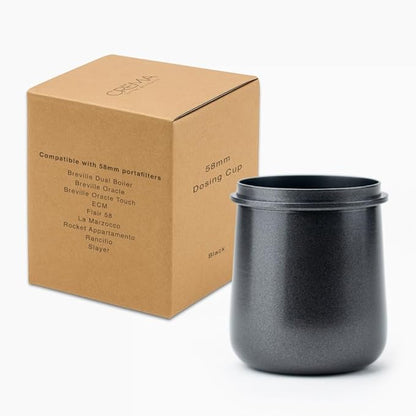 Crema Coffee Products 58mm Dosing Cup | Compatible with Breville Portafilters etc | Durable 100% Stainless Steel | Built-In Grinder Tab for Easy Transfer | Sleek, Mess-Free Design | Black Finish