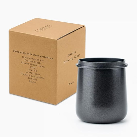 Crema Coffee Products 58mm Dosing Cup | Compatible with Breville Portafilters etc | Durable 100% Stainless Steel | Built-In Grinder Tab for Easy Transfer | Sleek, Mess-Free Design | Black Finish