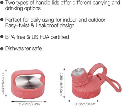 IDEUS Insulated Stainless Steel Water Bottle with 2 Leak-Proof Lids, Thermal Water Flask for Hiking Biking, 32oz, Red
