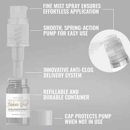 Bakell - Silver Tinker Dust (4g, 1x Mini Spray Pump) Edible Glitter for Food, Desserts, and Beverages!