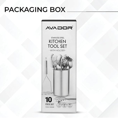 Avador® Premium Set of 10 Stainless Steel Kitchen Tool Set with Holder Easy To Clean, Space Saving, Great for Cooking, Baking, Prepping