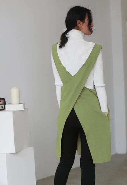 Cotton Linen Japanese Apron Halter Cross Back Bandage X Shape Aprons Two Pockets