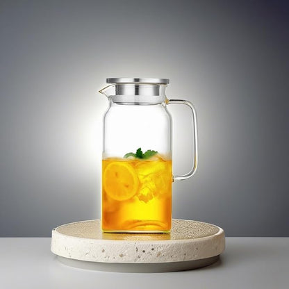 42OZ Glass Pitcher with Lid and Spout, Water Jug, 1250ml Carafe for Hot/Cold Water, Large Iced Tea Pitcher for Coffee, Juice and Homemade Beverage