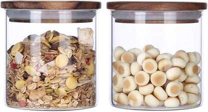 KKC HOME ACCENTS Airtight Glass Food Storage Jars with Wood Lids for Coffee,Sugar,Salt,Wooden Top Sealed Glass Kitchen Jars,18 Fluid Ounces