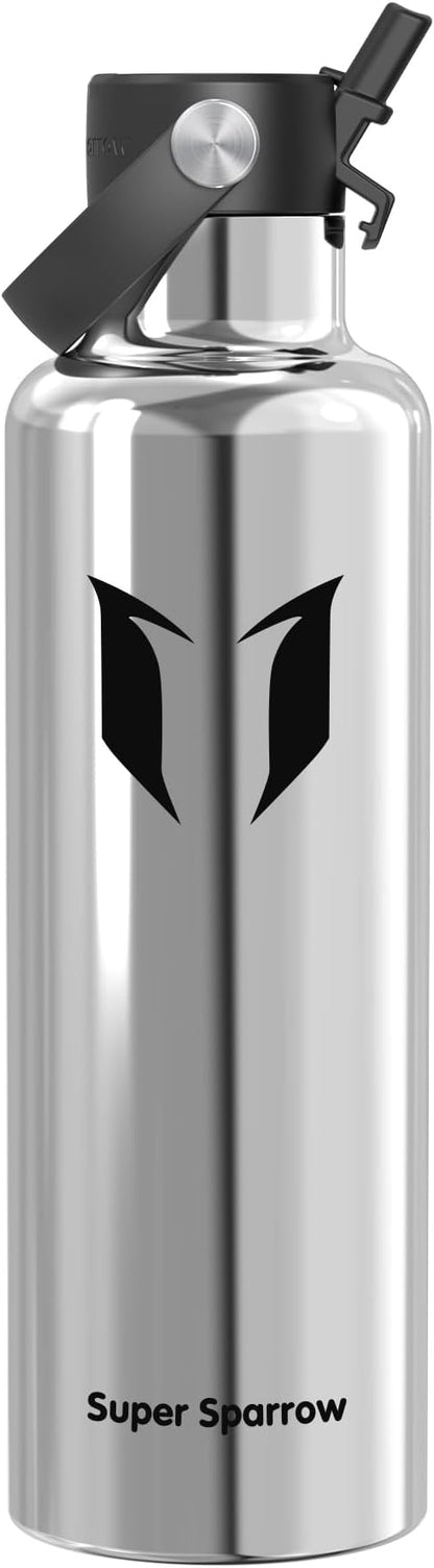 Super Sparrow Insulated Water Bottle - 17 Oz / 25 Oz / 32 Oz - Standard Mouth FlipFlow Flask - BPA Free, Leak Proof Drink Bottle- Ergonomic Straw Water Bottles for Work, Gym, Travel, Sports