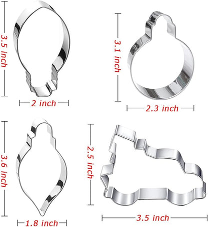 Christmas Ornament Cookie Cutters 4Pcs, Large Christmas Tree Car Light Ornament Shapes Cookie Cutters, Metal Dough Fondant Biscuit Molds for Baking Decorating Home Kitchen