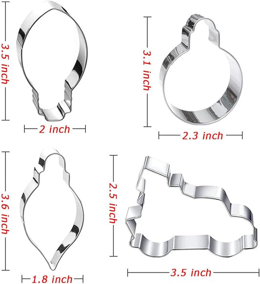 Christmas Ornament Cookie Cutters 4Pcs, Large Christmas Tree Car Light Ornament Shapes Cookie Cutters, Metal Dough Fondant Biscuit Molds for Baking Decorating Home Kitchen