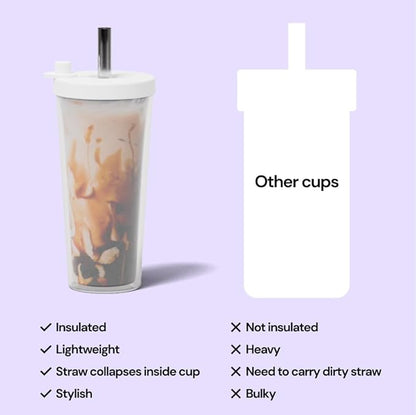 Reusable Boba Cup with Resealable Lid Plug - 17 Oz Double Wall Insulated | Smoothie Tumbler | Wide Stainless Steel Straw For Bubble Tea, Boba Pearls - White