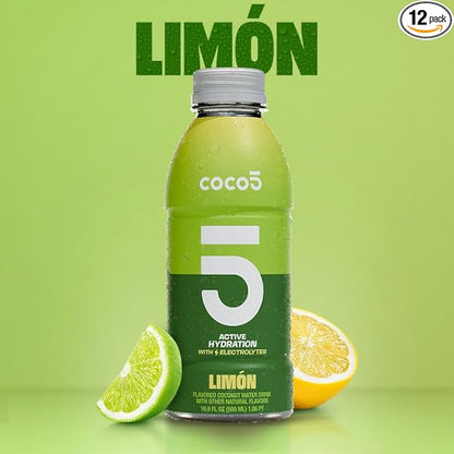 COCO5 Clean Sports Hydration Limon Flavor | 100% Natural | 50% Less Sugar | Nothing Artificial | Non-GMO | Gluten Free | Developed by Pro Trainers for Pro Athletes | 16.9 Ounce (Pack of 12)