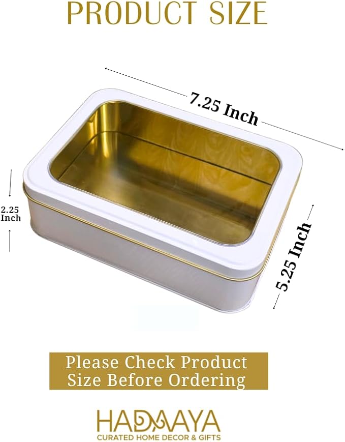 Pack of 2 Pearl White Rectangular Tin Container With Clear Lid, Multipurpose Tin Box, Festive Tin Box for Gift Giving, Cookies, Stationery & More - 7.25 x 5.25 x 2.25 Inches