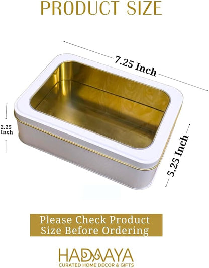 Pack of 2 Pearl White Rectangular Tin Container With Clear Lid, Multipurpose Tin Box, Festive Tin Box for Gift Giving, Cookies, Stationery & More - 7.25 x 5.25 x 2.25 Inches