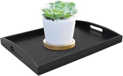 DILLMAN Serving Tray Large Black Wood Rectangle Food Tray Butler Tray Breakfast Tray with Handles (Small)