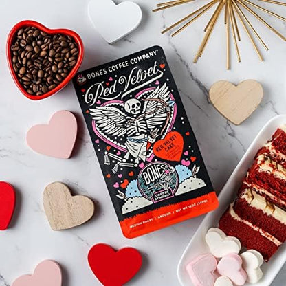 Bones Coffee Company Red Velvet, Red Velvet Cake Flavored Coffee, Medium Roast Low Acid Arabica Beans Compatible with Auto drip and French Press Coffee Maker, 12 Oz Whole Bean