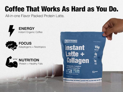 STRONG COFFEE COMPANY Instant Cacao Latte - 15g Protein, Instant Protein Coffee with Collagen, Adaptogens & Nootropics, No Crash, No Jitters, 12 Servings Bag