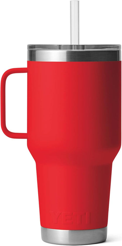 YETI Rambler 35 oz Tumbler with Handle and Straw Lid, Travel Mug Water Tumbler, Vacuum Insulated Cup with Handle, Stainless Steel, Rescue Red