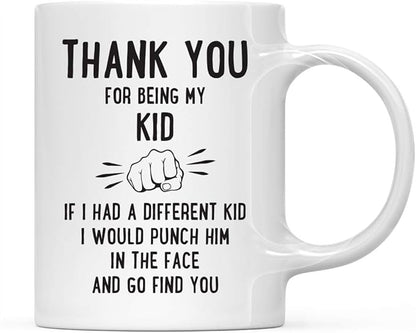 Andaz Press Funny Family 11oz. Coffee Mug Gift, Thank You for Being My Kid, Punch in Face, 1-Pack, Christmas Birthday Drinking Cup Present Ideas