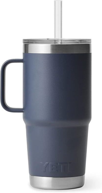 YETI Rambler 25 oz Tumbler with Handle and Straw Lid, Travel Mug Water Tumbler, Vacuum Insulated Cup with Handle, Stainless Steel, Navy