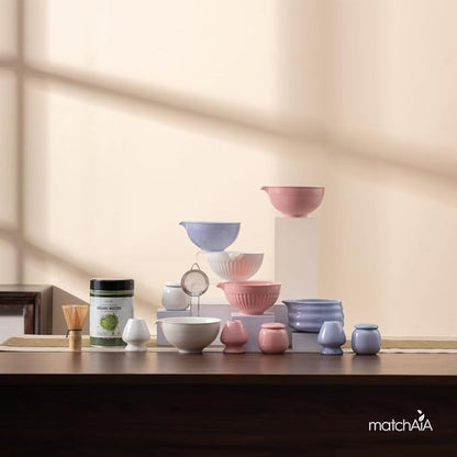 7 Pcs Matcha Set - Ceramic Bowl, Bamboo Whisk with Holder, Sifter, Schima Spoon, Spoon Rest and Tea Towel, Complete Kit for Traditional Matcha and Modern Lattes (White)