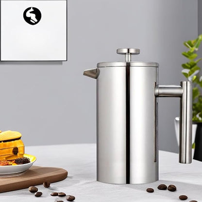 French Press Coffee Maker 34oz, Double-Wall Insulated French Press Stainless Steel 1L for travel camping, Included 2 Extra Screens and 1 Coffee Spoon （6-8cup 1000ml）