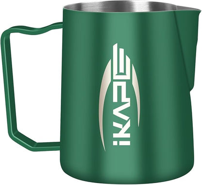 IKAPE Espresso Milk Pitcher, Espresso Steaming Pitcher with Sharp Spout for Espresso Barista Tool, 15.4 oz/450ml Milk Frothing Jug (Green)