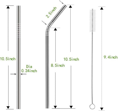 Set of 10 Stainless Steel Straws, HuaQi Bent Reusable Drinking Straws 10.5'' Long 0.24‘’ Dia for 30 oz Tumbler and 20 oz Tumbler, 2 Cleaning Brush Included