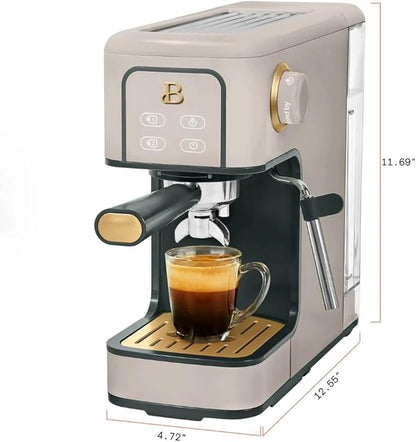 Beautiful Slim Espresso Maker by Drew Barrymore – 20‑Bar Pressure, Dual‑Spout 52 mm Portafilter, 50 oz Removable Tank, 2‑in‑1 Steam Wand & Touch Controls (Porcini Taupe)