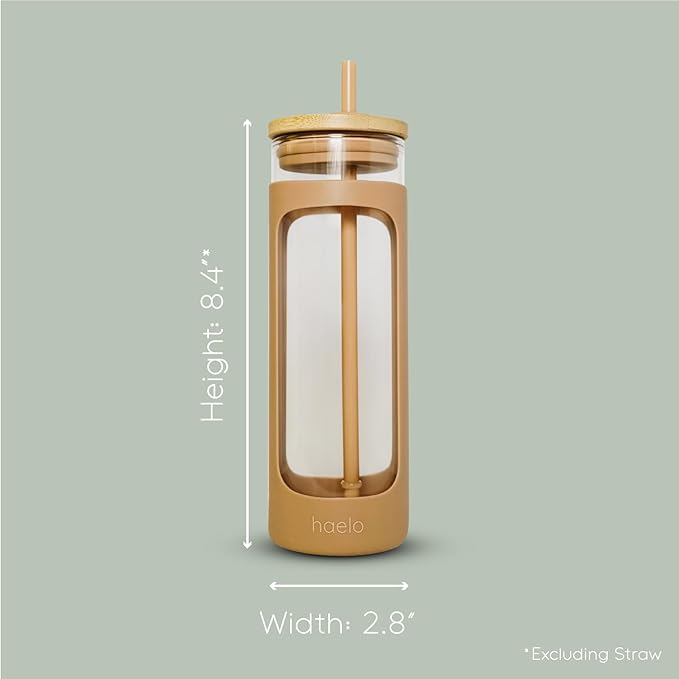 haelo 20oz Glass Tumbler Water Bottle, Iced Coffee Cup with Straw, Silicone Protective Sleeve, Bamboo Lid Reusable BPA Free (Amber)