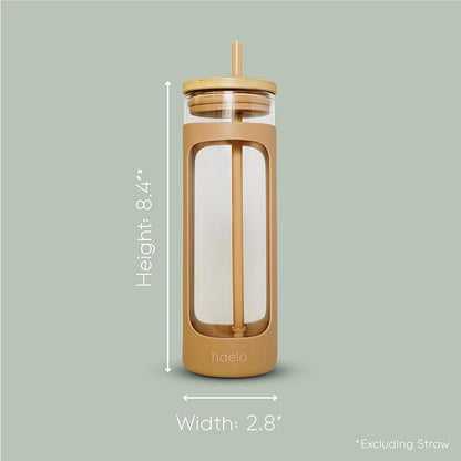haelo 20oz Glass Tumbler Water Bottle, Iced Coffee Cup with Straw, Silicone Protective Sleeve, Bamboo Lid Reusable BPA Free (Amber)