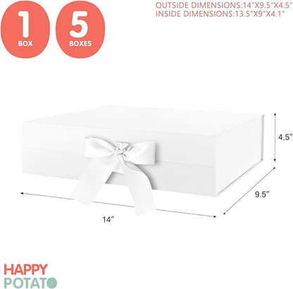 HAPPY POTATO 5 Large Gift Boxes with Lids and Ribbon 13.5x9x4.1 Inches, Bridesmaid Proposal Boxes, Magnetic White Gift Boxes for presents (Glossy White, Pack of 5)