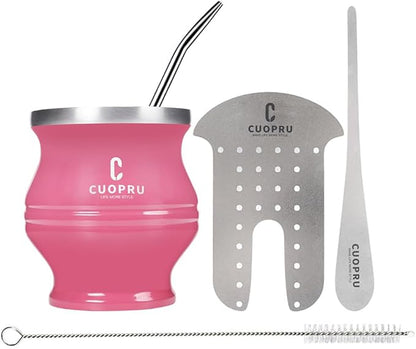 Yerba Mate Cup - Mate Gourd Set Includes Double Walled Stainless Steel Tea Cup, Tea Shaper set, Bombilla Straws, Cleaning Brush
