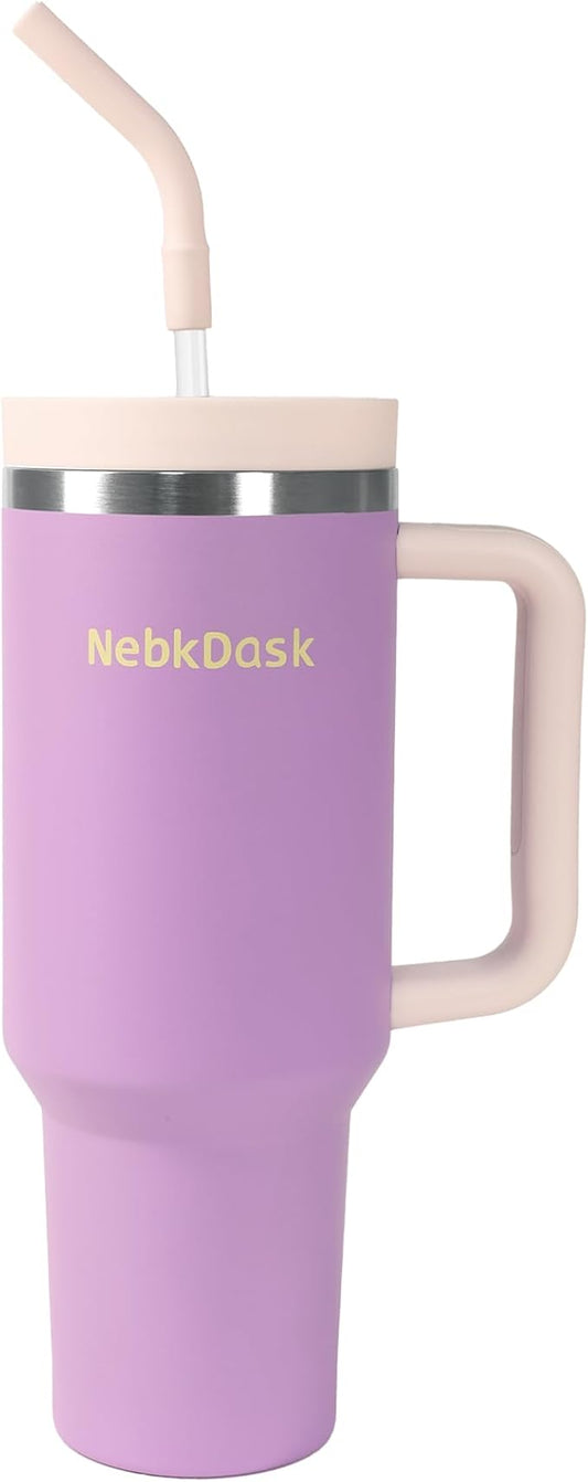 40 oz Water Bottle with Handle & Straw – Insulated Stainless Steel Bottle, Leakproof, Fits in Cup Holder – Reusable Cold Drink Thermos for Women & Men (Purple)