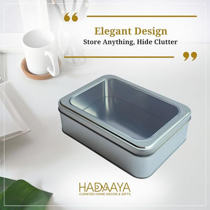 Silver Rectangular Tin Container With Clear Lid, Single Piece Multipurpose Tin, Festive Tin Box for Gift Giving, Cookies, Stationery & More - 7.25 x 5.25 x 2.25 Inches